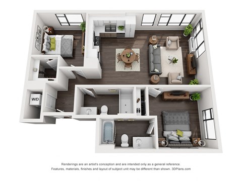 Floor plan for 2 beds, 2 baths, 1034 sqft